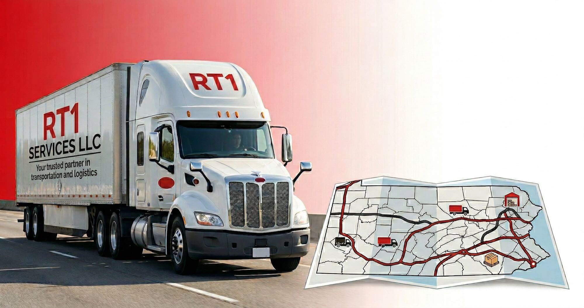 RT1 Services LLC semi truck on the highway with a regional delivery route map